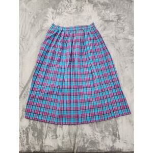 Vintage 80s Gotcha Covered Plaid Cotton Pleated Midi Skirt Size‎ 14 Blue Preppy